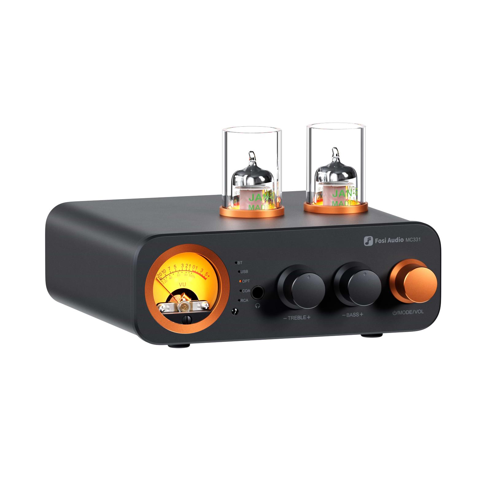 Fosi Audio MC331 hybrid rørforstærker med synlige rør og VU-meter