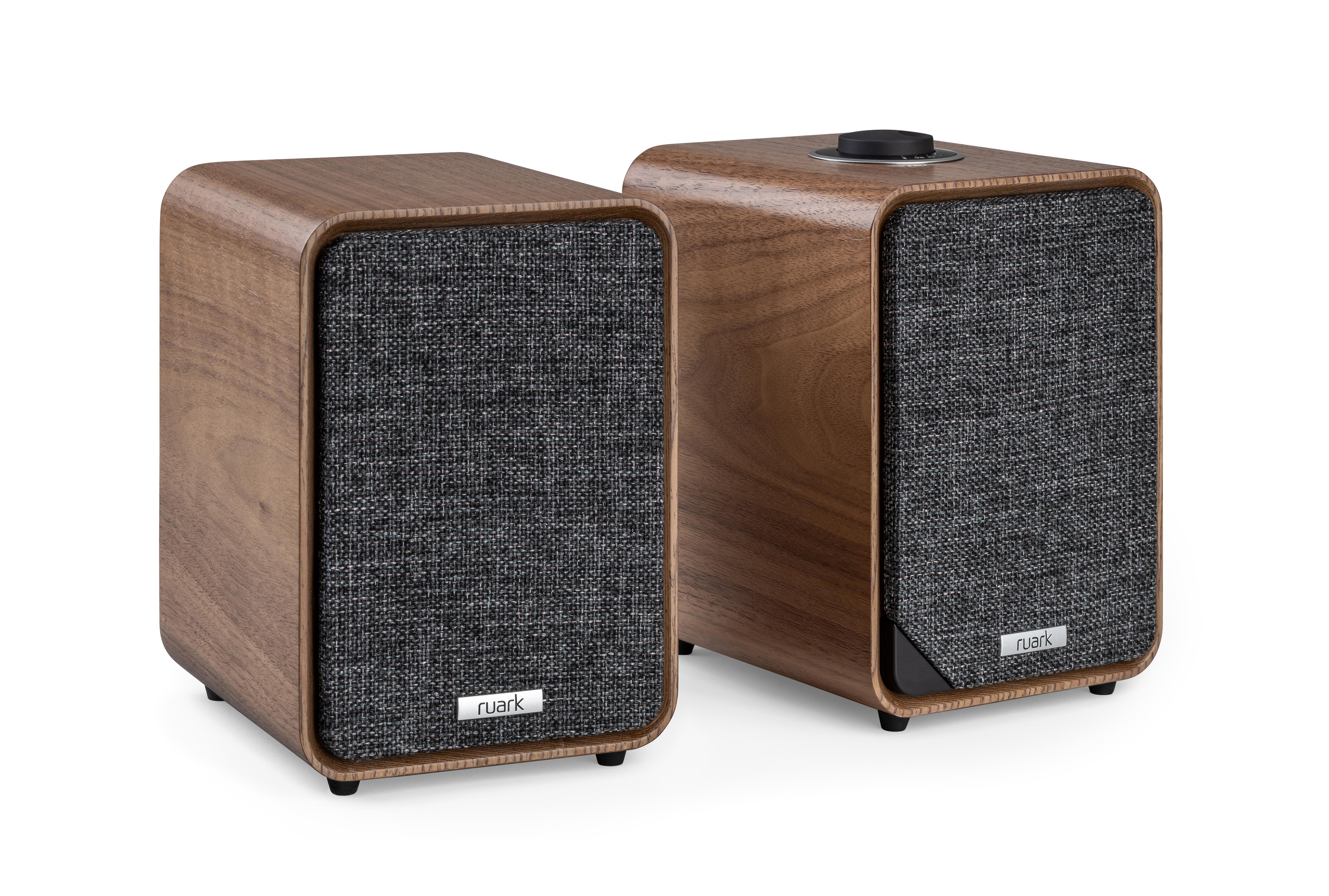 Ruark MR1 MK3 Rich Walnut, par aktive højttalere i valnøddefinish med stofbetrukken front