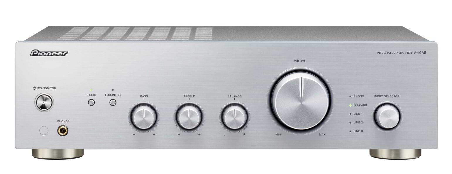 Pioneer A-10AE sølv stereoforstærker med analoge betjeningsknapper