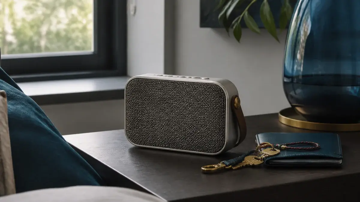 Kompakt Bluetooth-højttaler med vævet front på et sidebord