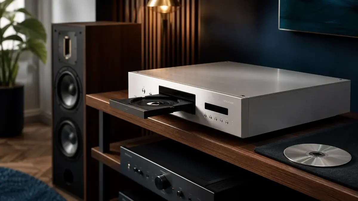 CD-afspiller med åben skuffe på en reol med hifi-udstyr
