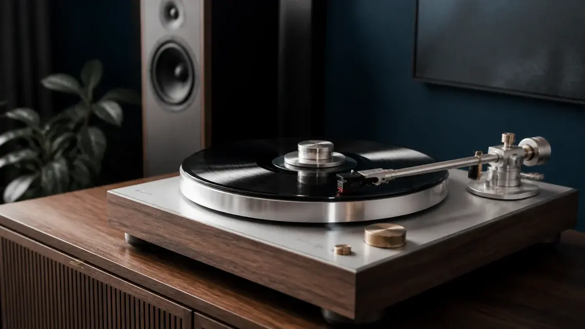 Pladespiller i træ med tonearmen sænket på en vinylplade