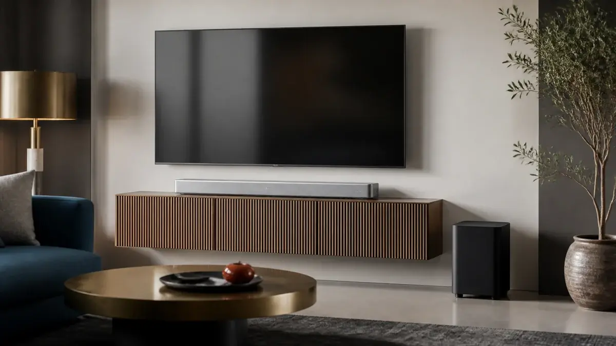 Slank soundbar centreret under et fjernsyn i en stue