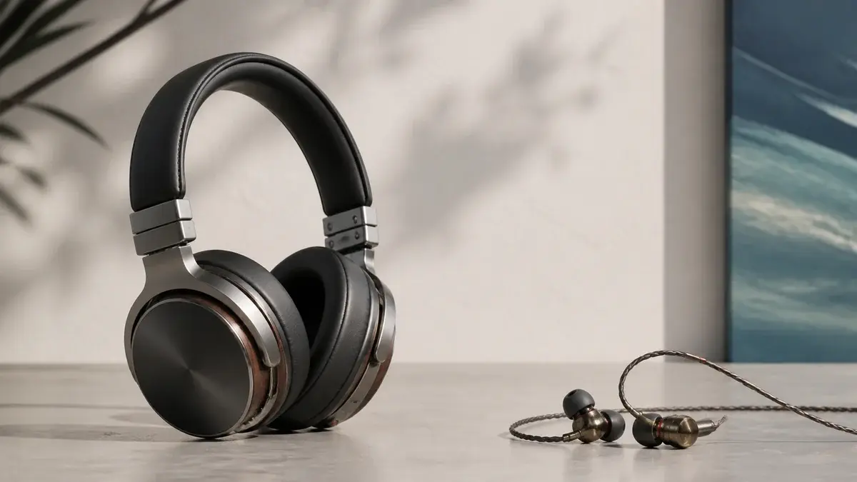 Over-ear hovedtelefoner og in-ear ørepropper side om side