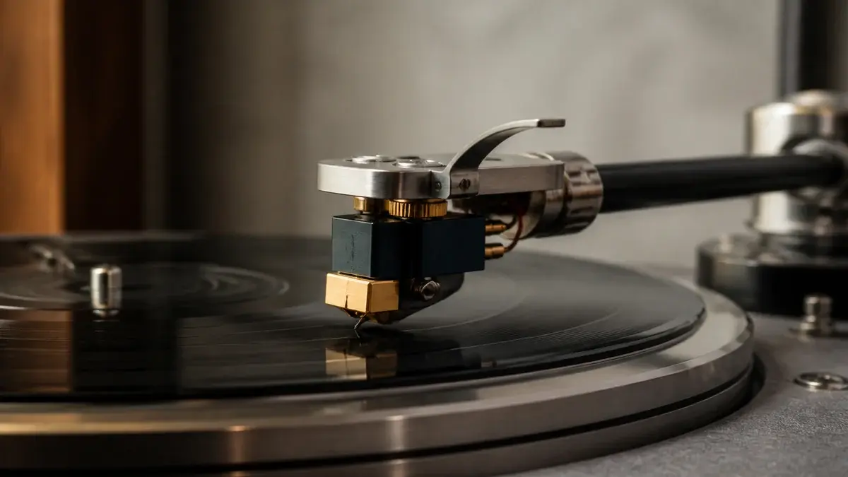 Nærbillede af pickup og nål i rillen på en vinylplade