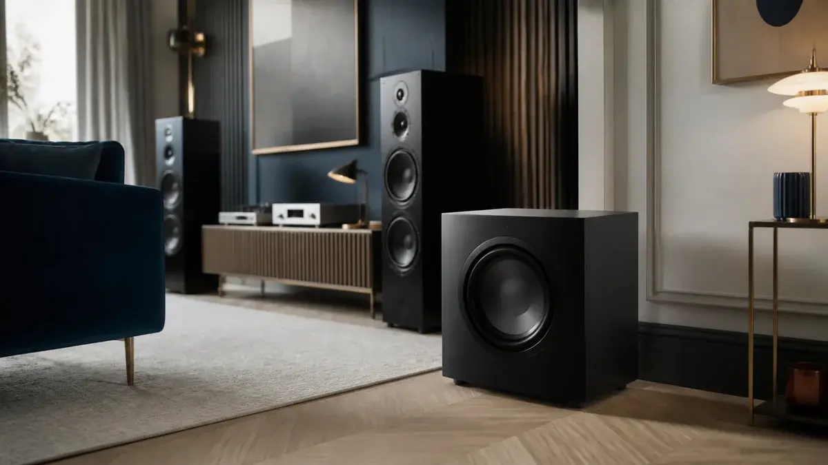 Subwoofer placeret ved fronthøjttalerne i et lytterum